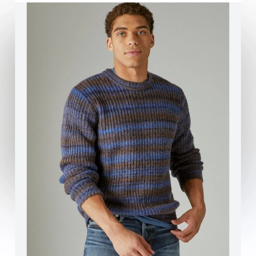 Lucky Brand Crew Neck Space Dye L/S Sweater Blue Tan Stripe Size XL